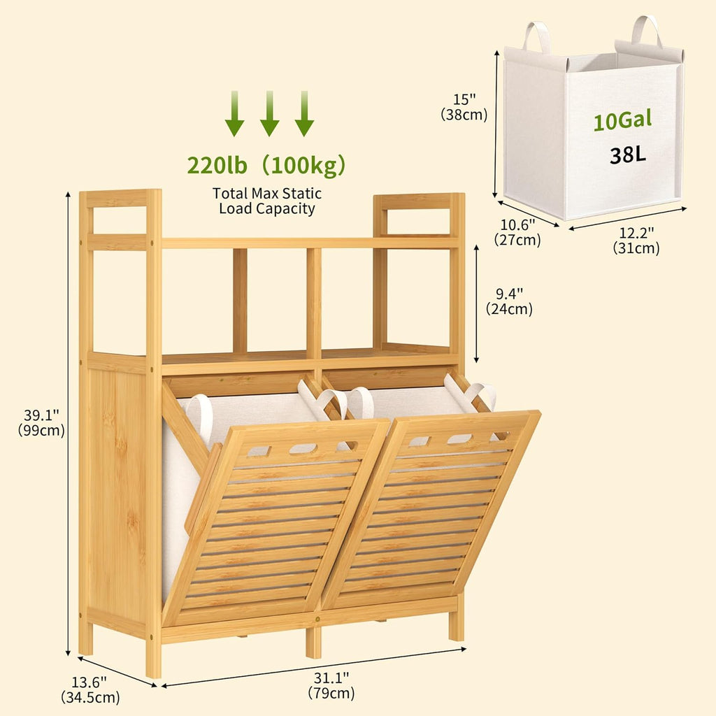 VASMIA Tilt Out Laundry Hamper Cabinet, Bamboo Double Laundry Hamper with 2 Removable Laundry Baskets, 20 Gal Laundry Sorter Organizer with Shelf for Dirty Clothes, Bathroom, Laundry Room, Natural