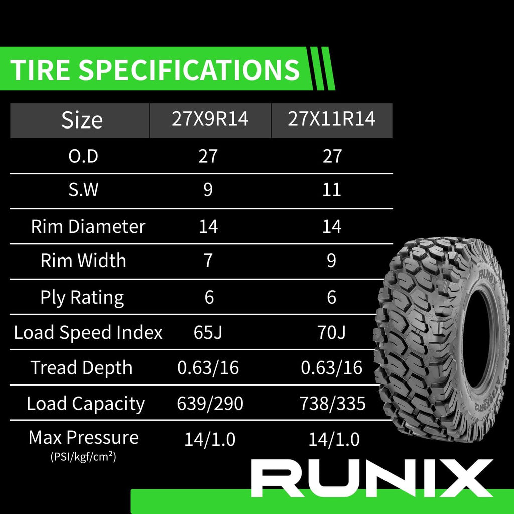 RUNIX ATV UTV Radial Tires, RUNIX TerraVance, 27X9R14 Front, 27X11R14 Rare, Set of 4, SXS, Side by Side, Radial Tire, All Terrain, 6PR, Tubeless, 27X9-14, 27X11-14
