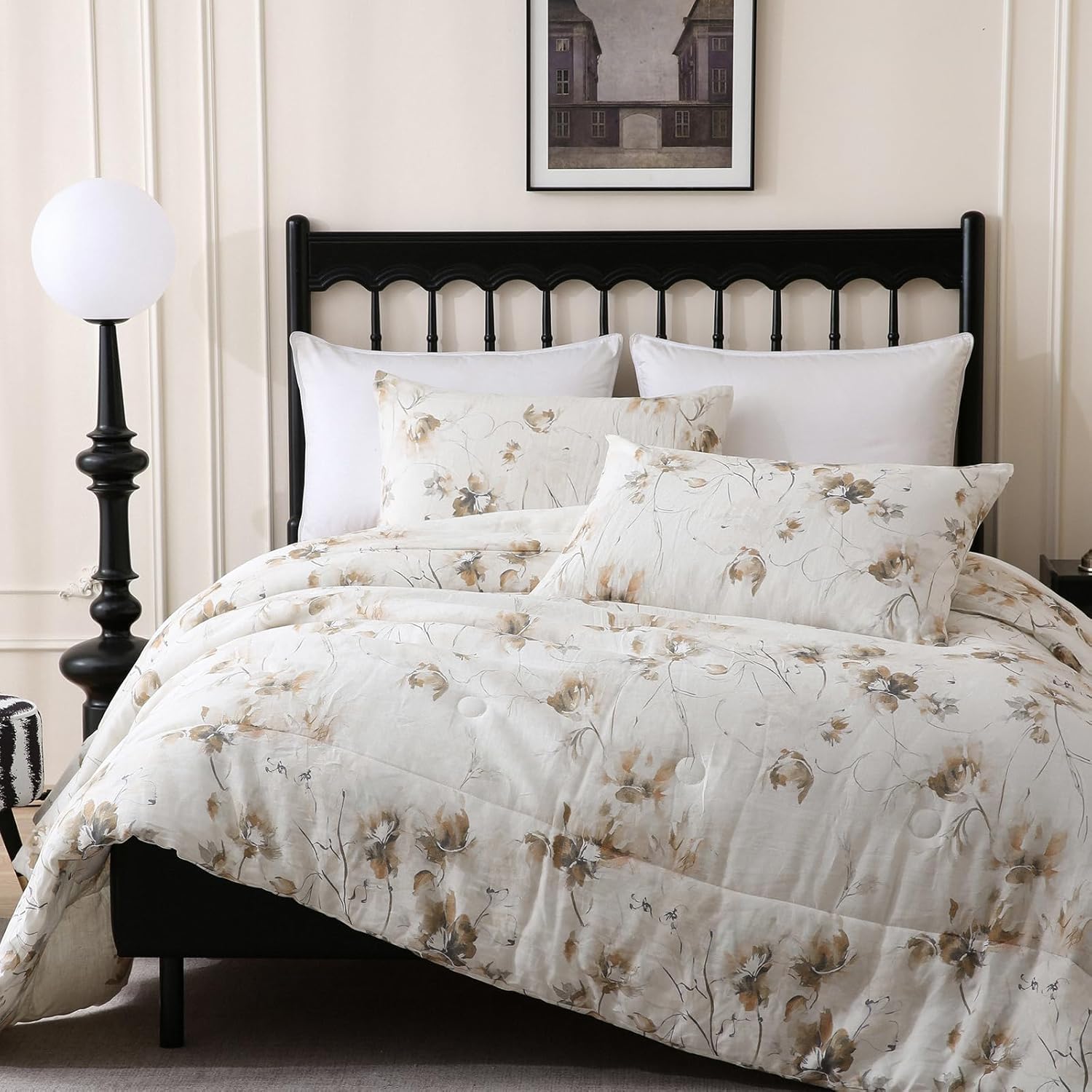 Merryword Linen Floral Comforter Set King Size 3 Pieces Natural French Flax Linen Bedding Soft Breathable Moisture Wicking Comfy