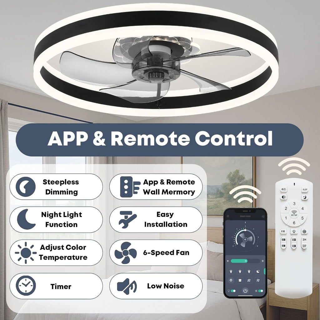 Fszdorj 23.6'' Ceiling Fan with Light, Upgraded Low Profile Fan, Flush Mount Ceiling Fan, 6 Speeds, Dimmable LED, App & Remote Control, Quiet DC Motor, for Bedroom, Living Room, F105 Black