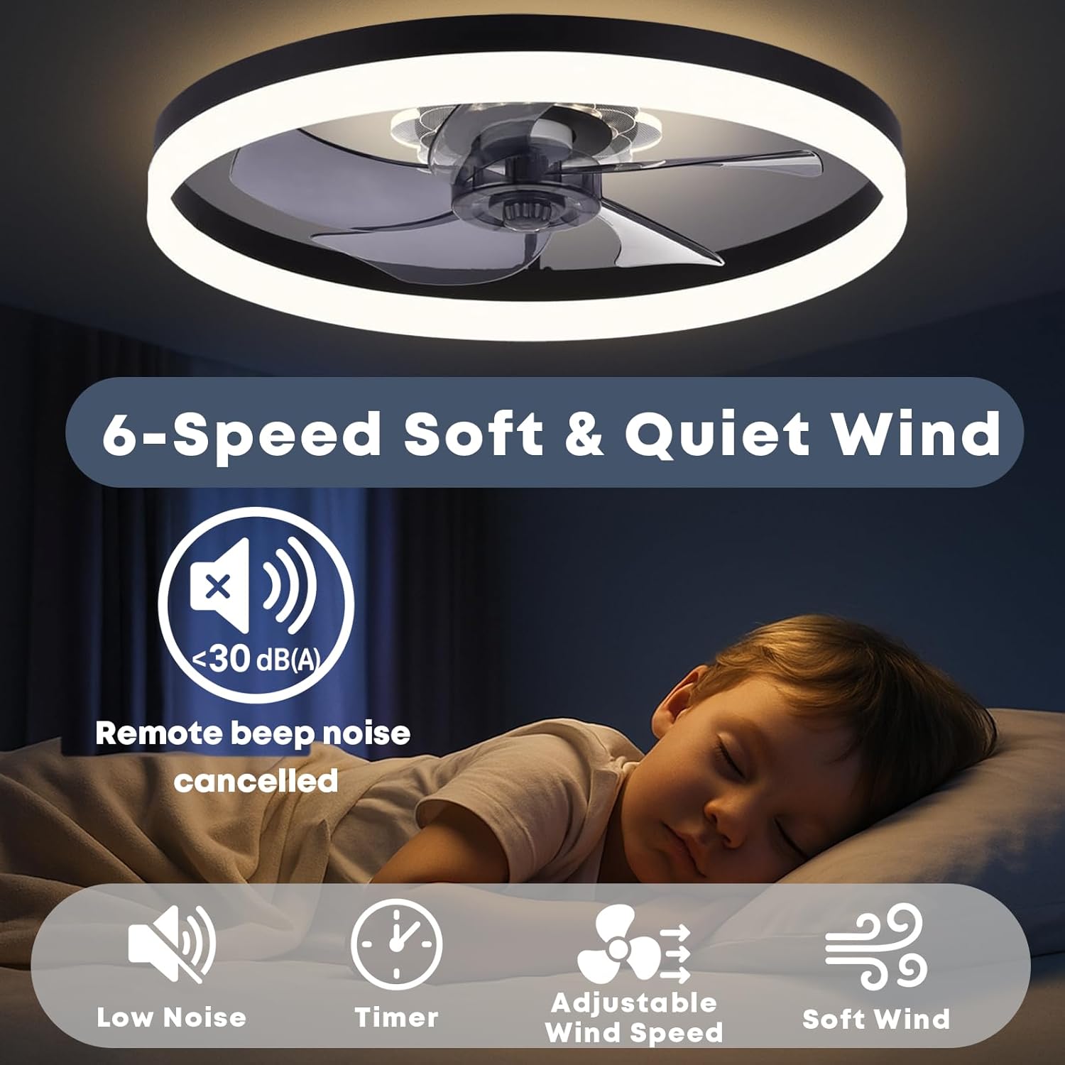 Fszdorj 23.6'' Ceiling Fan with Light, Upgraded Low Profile Fan, Flush Mount Ceiling Fan, 6 Speeds, Dimmable LED, App & Remote Control, Quiet DC Motor, for Bedroom, Living Room, F115 Black