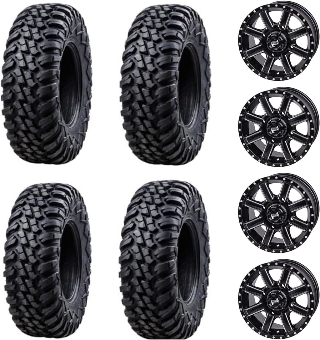 Tusk Set of 30x10-14 TERRABITE Heavy Duty 8-Ply Radial UTV Tires mounted on CASCADE Wheels - Compatible with POLARIS applications 4/156 bolt pattern Includes Lug Nuts (4+3 Offset, Machined/Black)