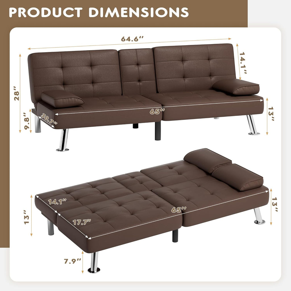 Homall Futon Sofa Bed, Leather Futon Couch with Removable Armrests, Adjustable Recliner Sleeper Sofa Bed with Dual Cup Holders for Living Room, Apartment, Office (Brown)