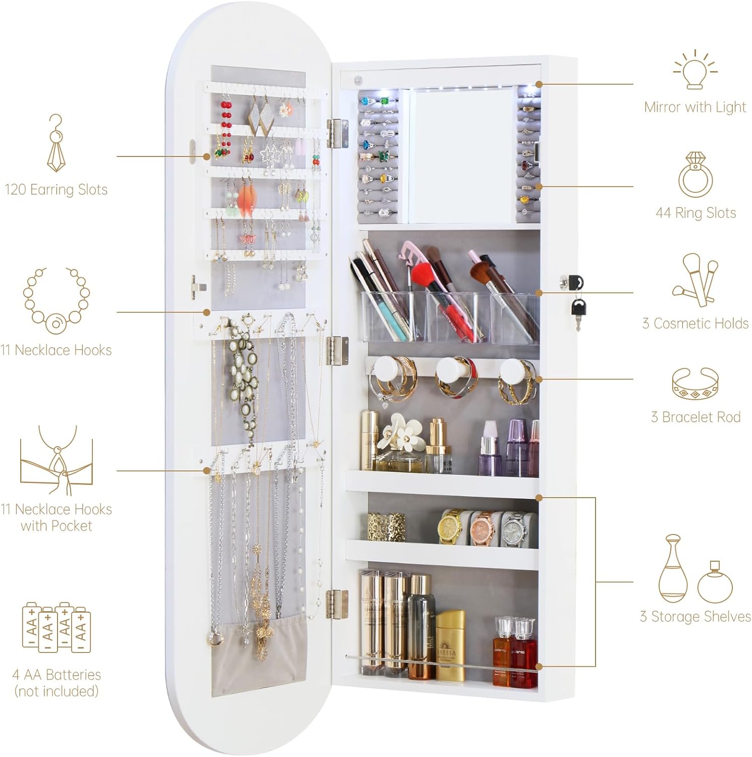 LED Jewelry Cabinet Wall/Door Mounted,RGB Lighted Mirror Jewelry Armoire Organizer Over the Door Full-Length Lockable Rounded Wide Mirror with Storage Interior Mirror Gift for Her Chrismas White
