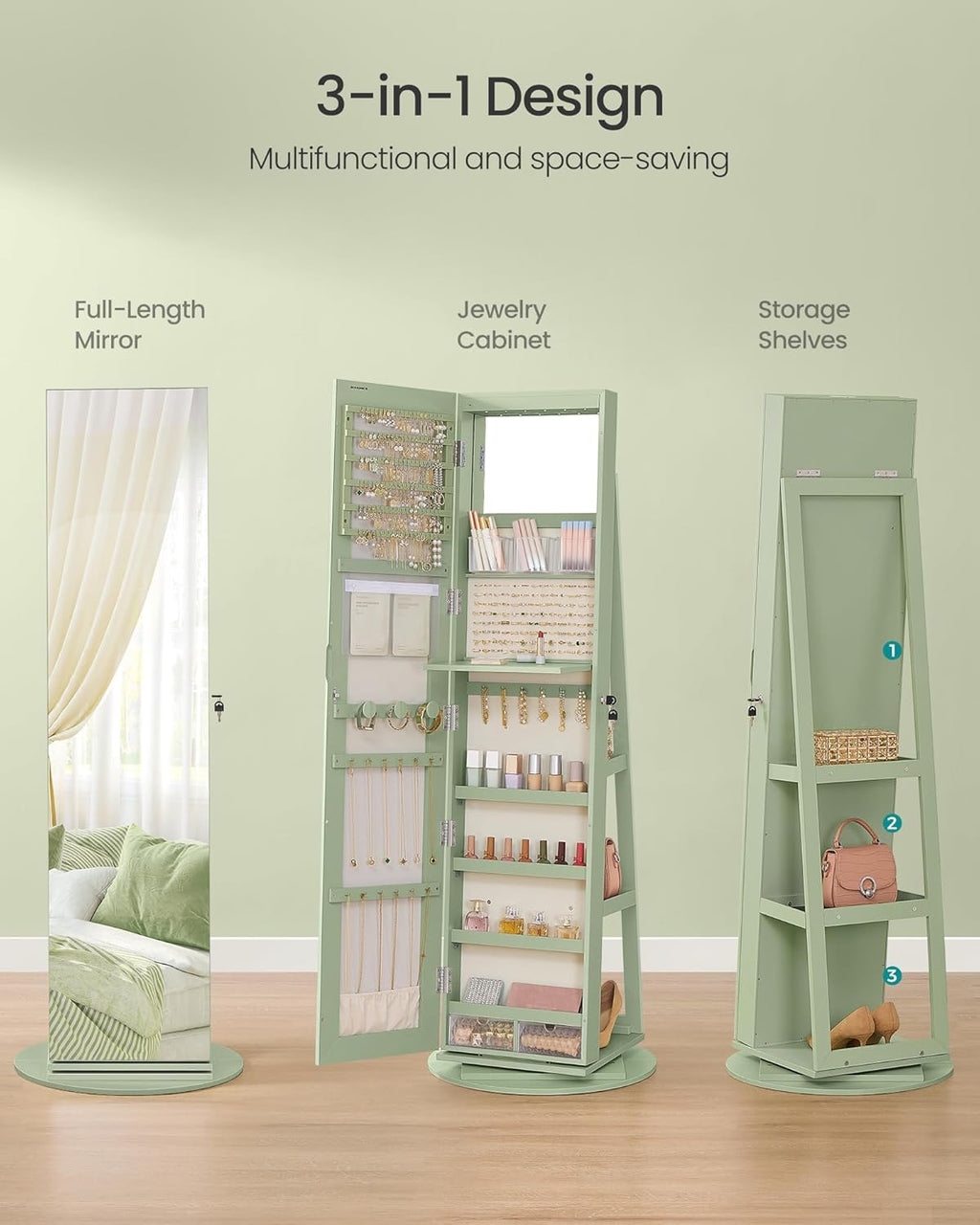 SONGMICS 6 LEDs Lockable Mirror Jewelry Cabinet, 360° Swivel Jewelry Organizer Armoire Standing, Full-Length Mirror with Storage, Mothers Day gifts for Mom, Laurel Green, Cream White Lining UJJC007C01