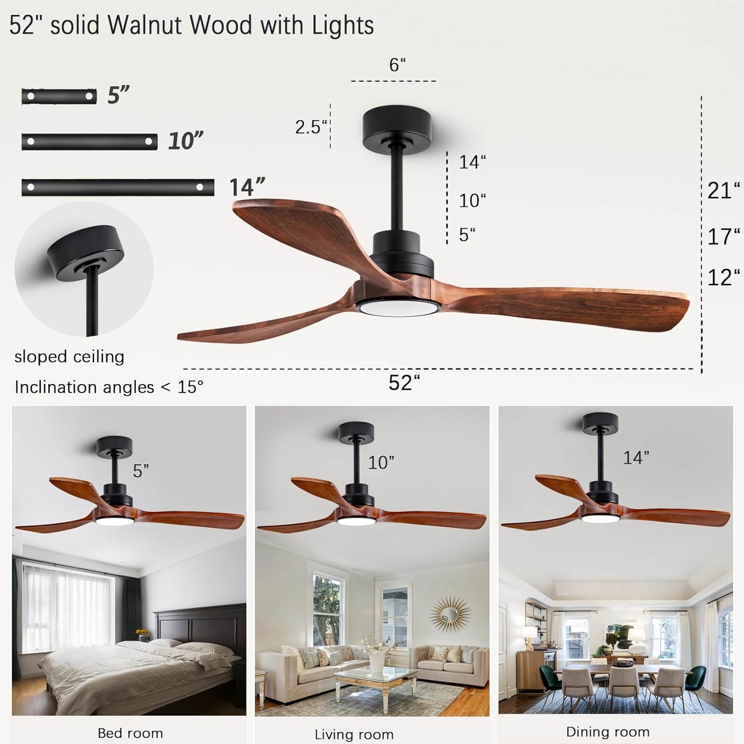 52” Ceiling Fans with Remote Control/Dimmer and Color Reduction with 3 Solid Wood Fan Blades, Ceiling Fan can be Used Indoors and Outdoors for Living Room, Dining Room, Pavilion Yard.
