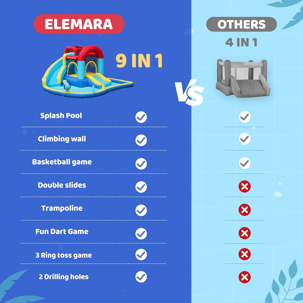 ELEMARA Inflatable Water Slide, 9 in 1 Kids Bounce House with 2 Slides, Pool&Trampoline, Fun Dart Game&Ring-toss Game, Climbing Walls, Bounce House with Blower for Outdoor Indoor, 108.3*106.3*56.3in