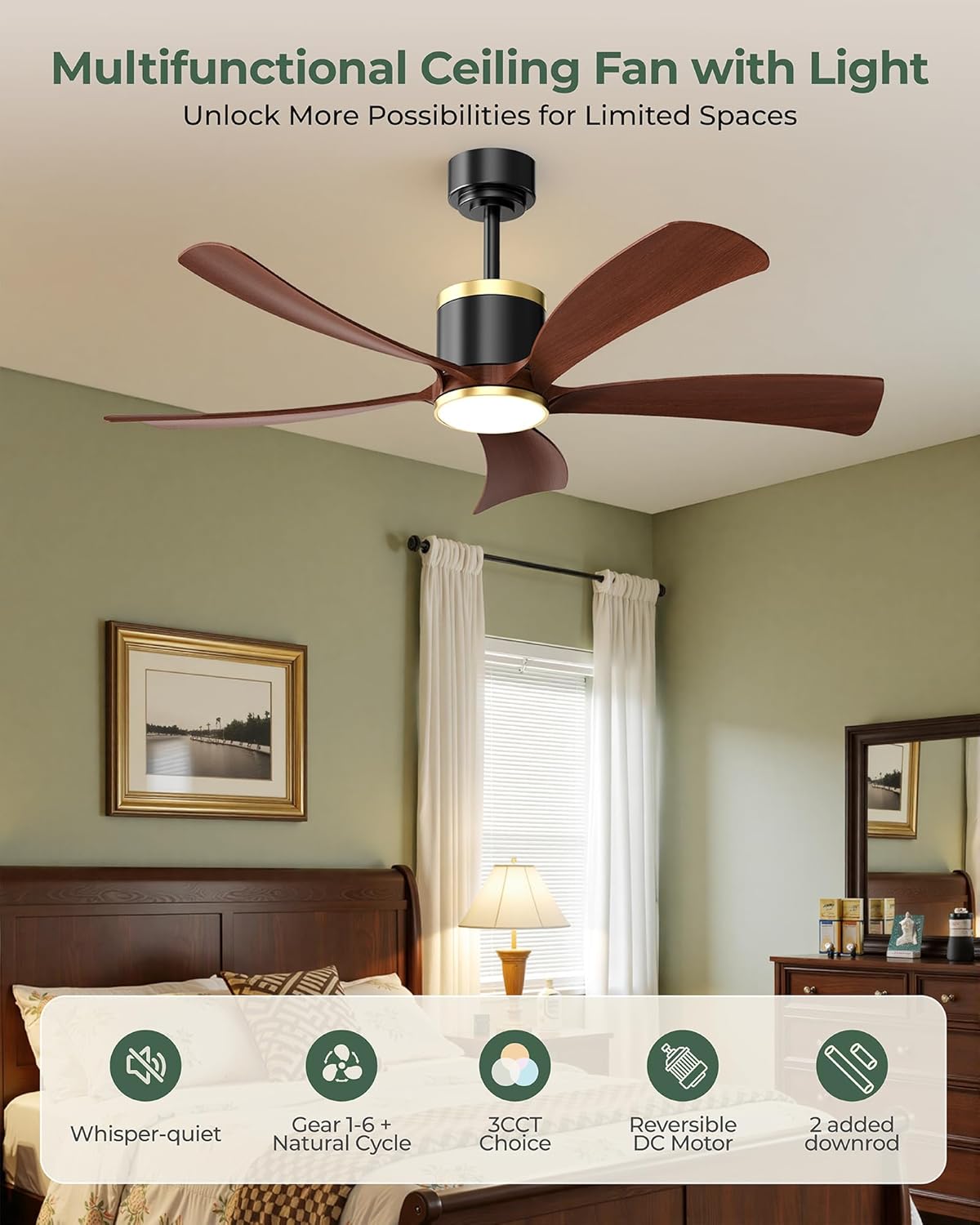 BLNAN 52" Premium Walnut Solid Wood Ceiling Fan with Light - Whisper-Quiet DC Motor, 6 Speeds, 3000K-6000K Dimmable LED, Remote Control with Timer, 2 Downrods for Indoor/Outdoor, A++ Energy Saving