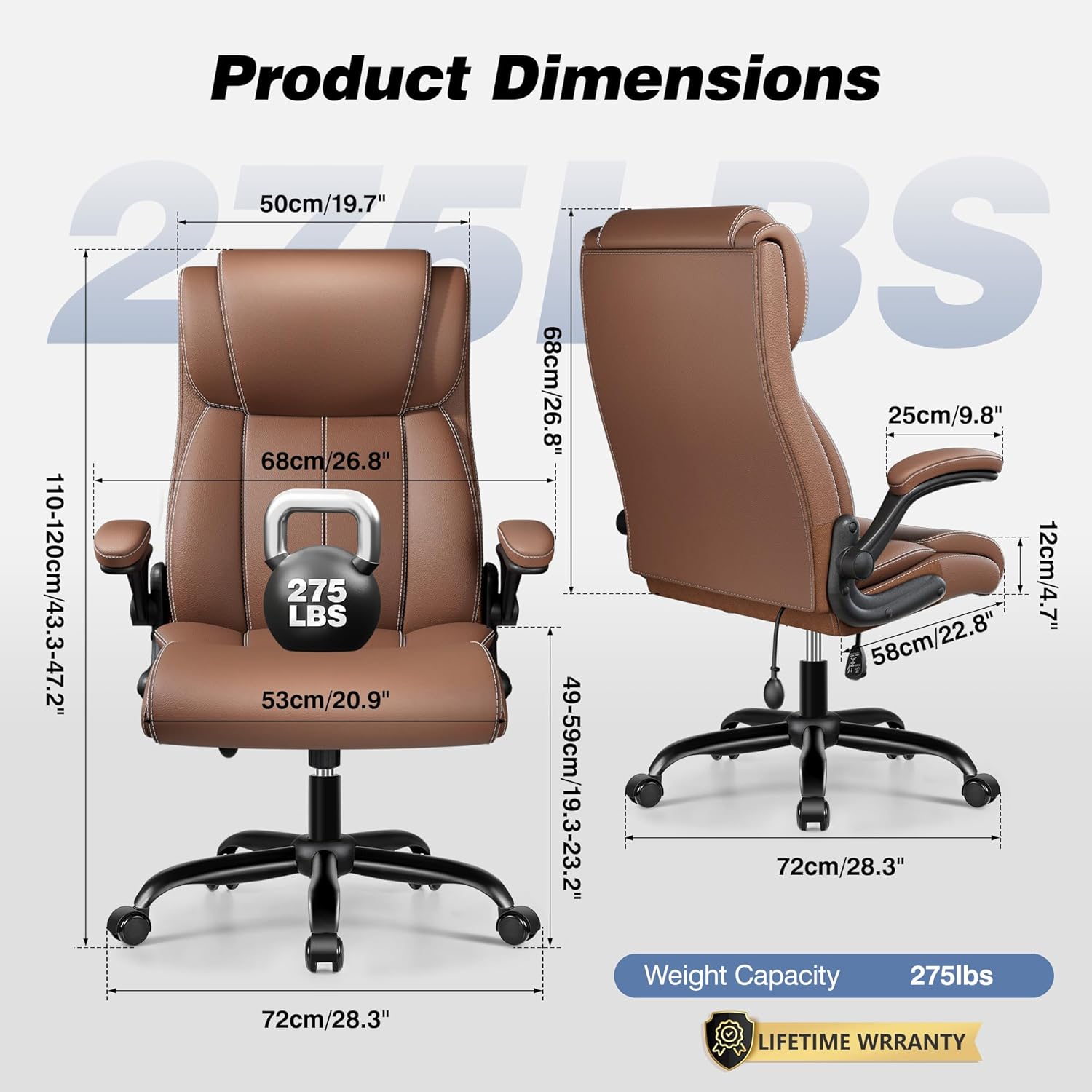 BESTFAIR Ergonomic Office Chair - Home Desk Computer Chair, Leather High Back Executive Chairs with Adjustable Lumbar Support & Flip-up Arms, Rocking Swivel Comfy, Brown