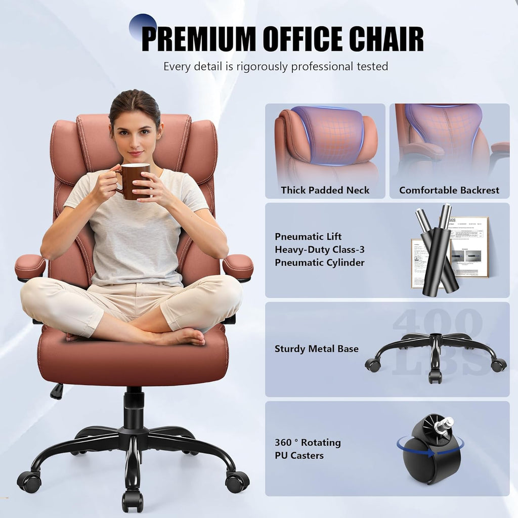 Primy Office Chair, Ergonomic Leather Desk Chair with Flip-up Armrests, Big and Tall High Back Executive Computer & Gaming Chair with Footrest, Comfy Padded, Rocking Function and Lumbar Support(Brown)