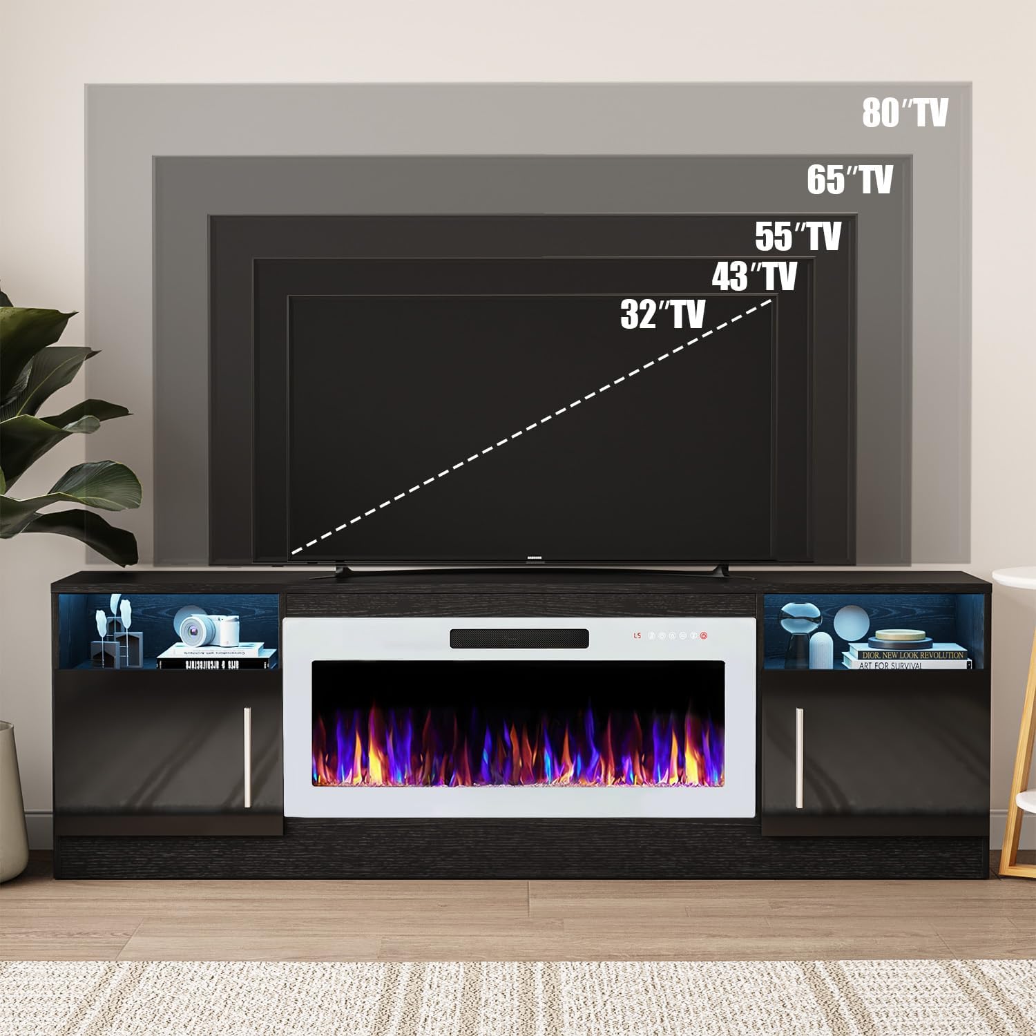 VITESSE TV Stand Fireplace with 36" inch Electric Fireplace Up to 80" TVs, LED Light Entertainment Center, 70" Modern Wood High Gloss with Highlight Storage Cabinet for Living Room (Black)