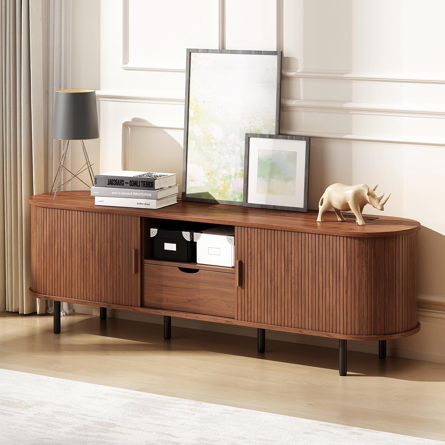 69" Mid-Century TV Stand with Power Outlet, Fluted Entertainment Center with Storage Drawer, TV Console with Sliding Door and Adjustable Shelves, TV Stand up to 80" for Living Room, Bedroom, Walnut