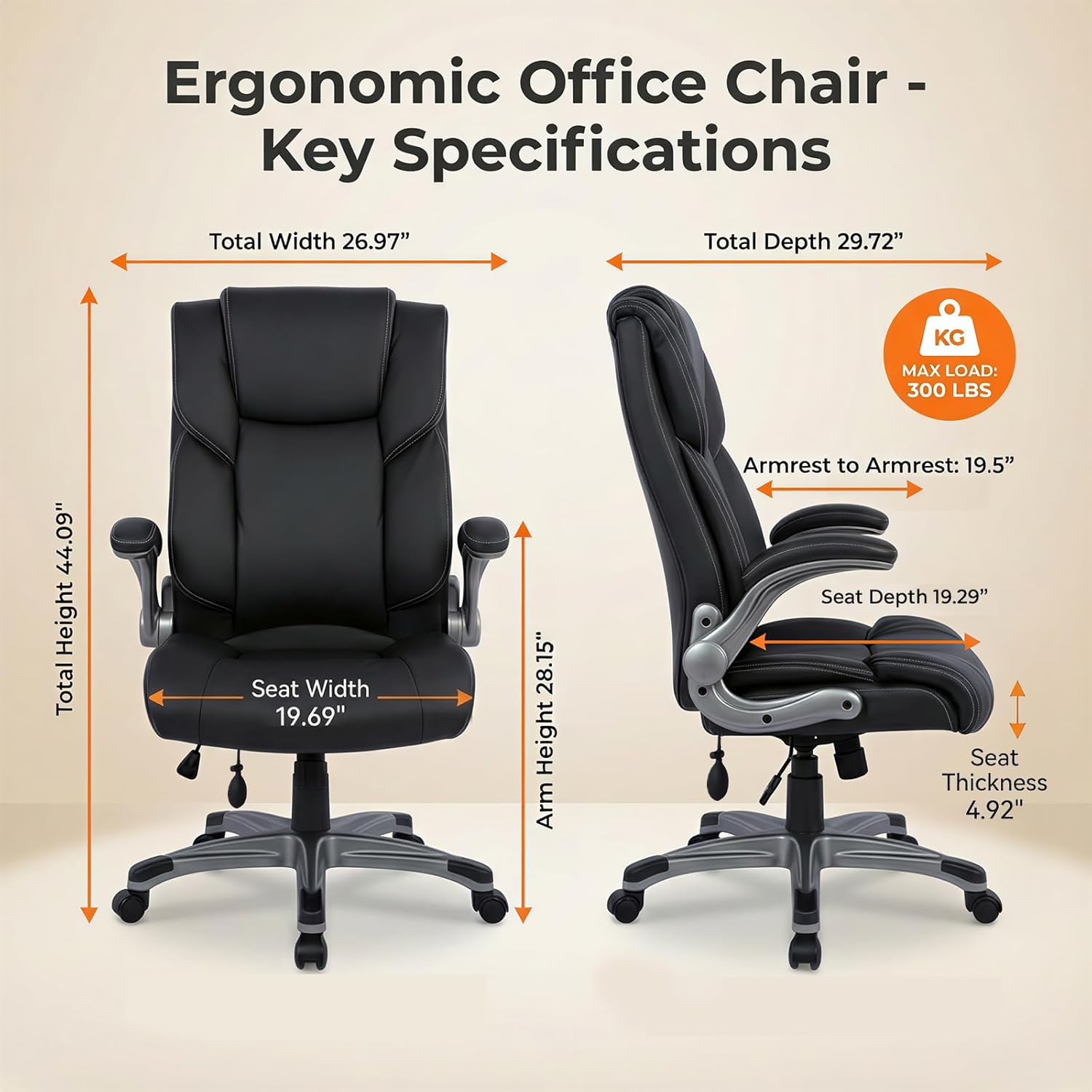 COLAMY Ergonomic Executive Office Chair, High Back Desk Chair with Adjustable Lumbar Support, Flip-Up Armrests & Thick Seat Cushion, 90°–110° Reclining Computer Chair for Home Office