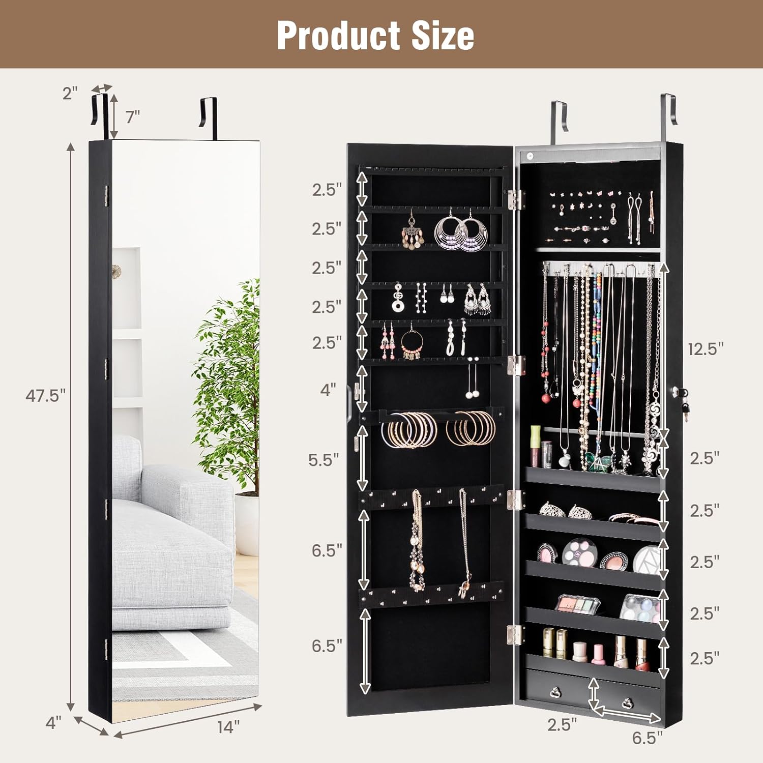 LOKO Mirrored Jewelry Armoire, Wall/Door Mounted Jewelry Cabinet with Full-Length Mirror, Lockable Jewelry Storage Organizer with 2 Drawers & 2 LED Lights, for Girls Women Gift Bedroom (Black)