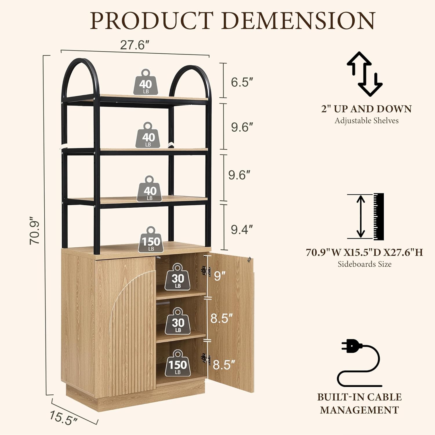 Brafab 71" Arched Bookcase with Reeded Design Doors, 7-Tier Bookshelf with Storage and Cabinet,Metal Frame Adjustable Shelves, for Living Room, Office, Library,Study (Natural Oak, 1 PCS)