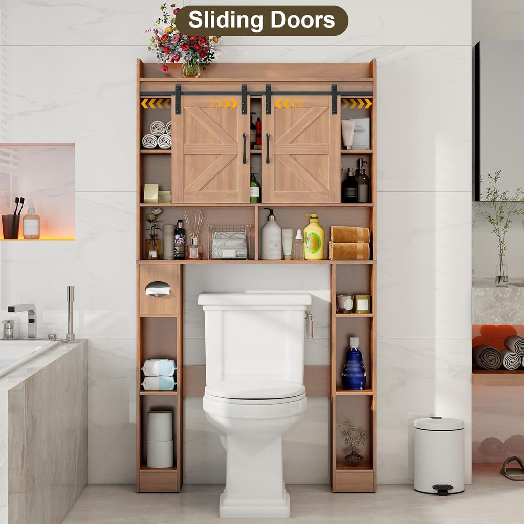 Vabches Farmhouse Storage Cabinet Over Toilet with Sliding Doors, Home Space-Saving Toilet Rack, Over The Toilet Storage Cabinet, Open Storage Shelf, for Bathroom, Laundry, Restroom.Walnut