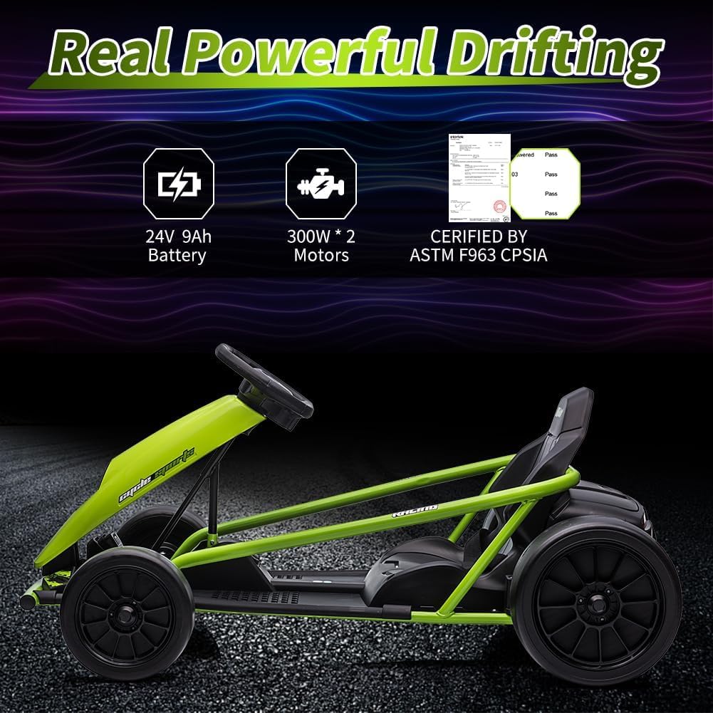 24V Go Kart for Kids 8-12 Years, 300W*2 Extra Powerful Motors, 9Ah Large Battery 8.1MPH High Speed Drifting with Music, Horn,Max Load 155lbs Outdoor Ride On Toy for Teens (Green)