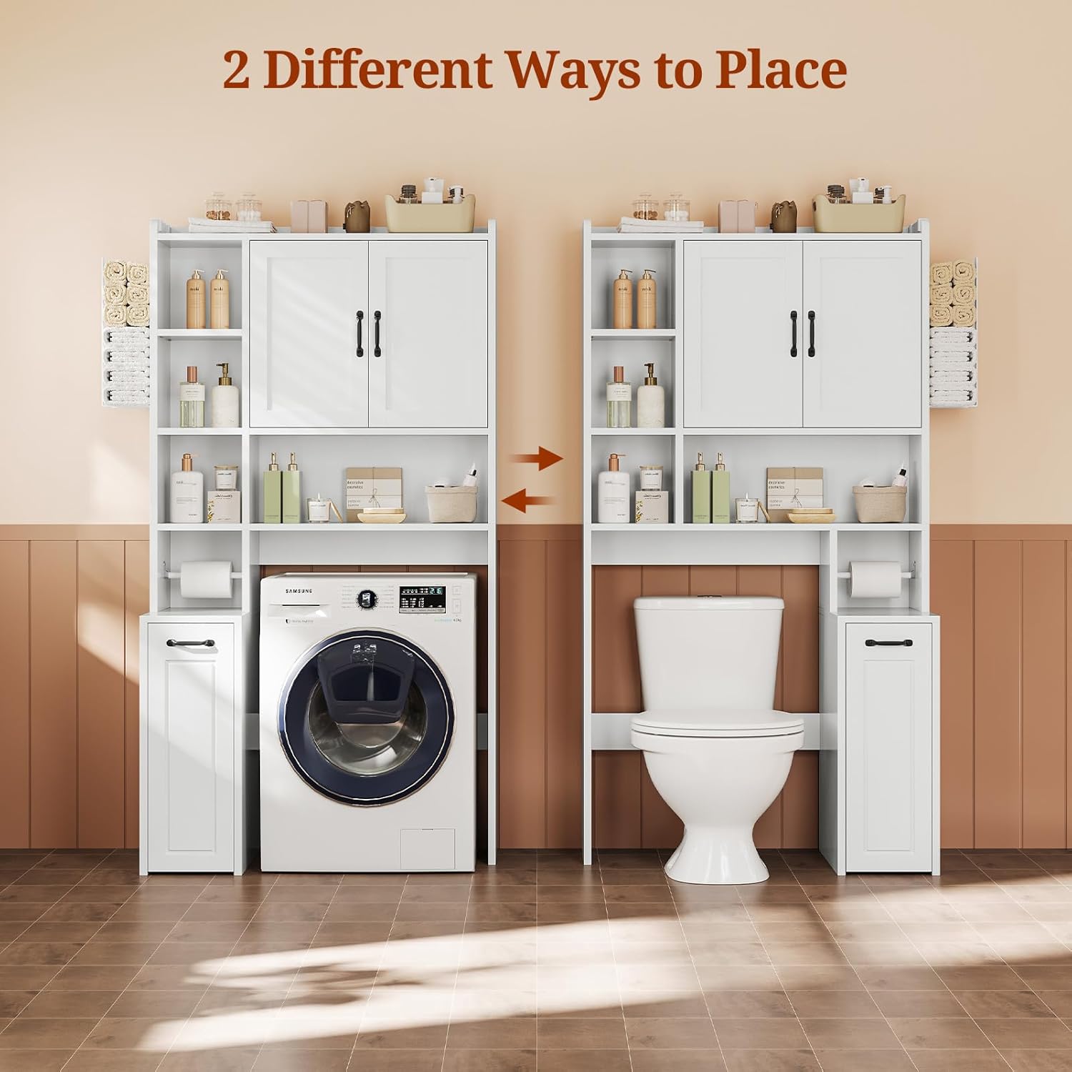 UPOSOJA Over The Toilet Storage Cabinet with Pulley Small Bathroom Storage, Space Saver W/Adjustable Shelf & Rack for Bathroom, Restroom, Laundry (White-Type B)