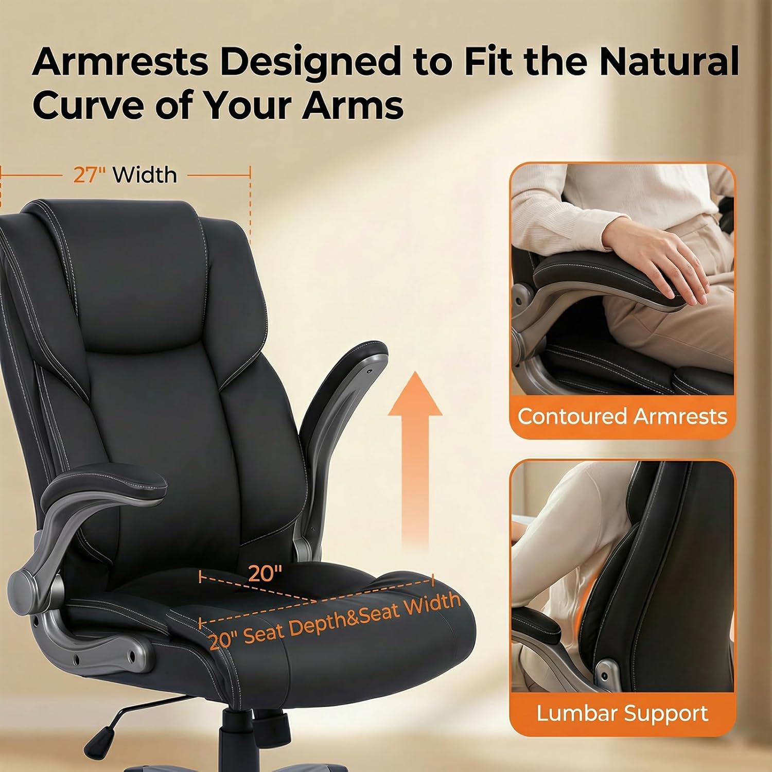 COLAMY Ergonomic Executive Office Chair, High Back Desk Chair with Adjustable Lumbar Support, Flip-Up Armrests & Thick Seat Cushion, 90°–110° Reclining Computer Chair for Home Office