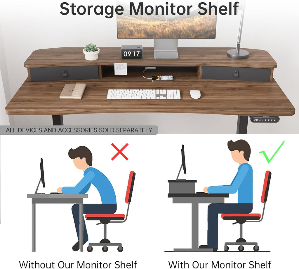 HUANUO 55" x 26" Electric Standing Desk with 2 Drawers, C-Clamp Mount Compatible, Height Adjustable Computer Desk, Home Office Stand Up Desk with 4 Preset Heights & 2 Hooks, Walnut