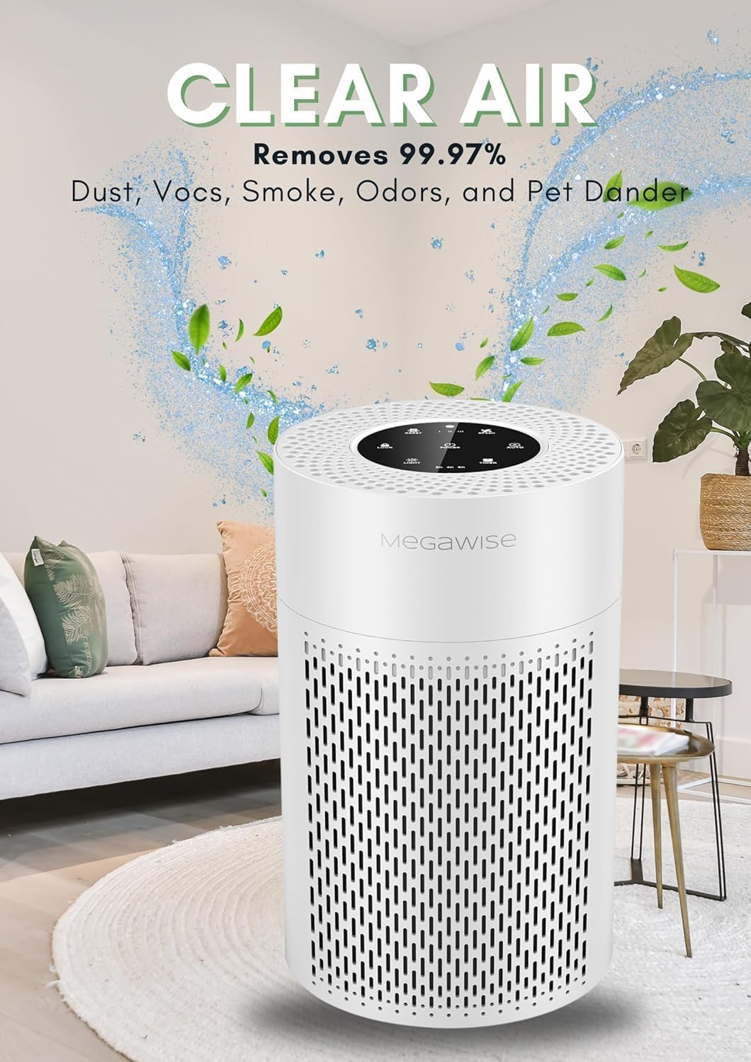 MEGAWISE True HEPA Air Purifier EPI235A, 3-Stage Filtration, Quiet 24dB Operation, Manages Airborne Particulates & Pet Hair , Perfect for 215 sq ft Rooms, White