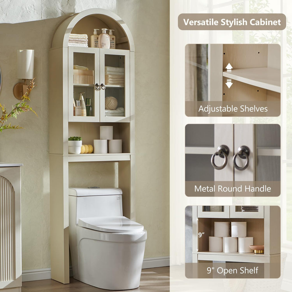 IFGET Arched Over The Toilet Storage Cabinet with Acrylic Doors, Modern Over Toilet Bathroom Organizer Shelf, Small Wooden Bathroom Storage Cabinet with Adjustable Shelf, Space Saver, Cream