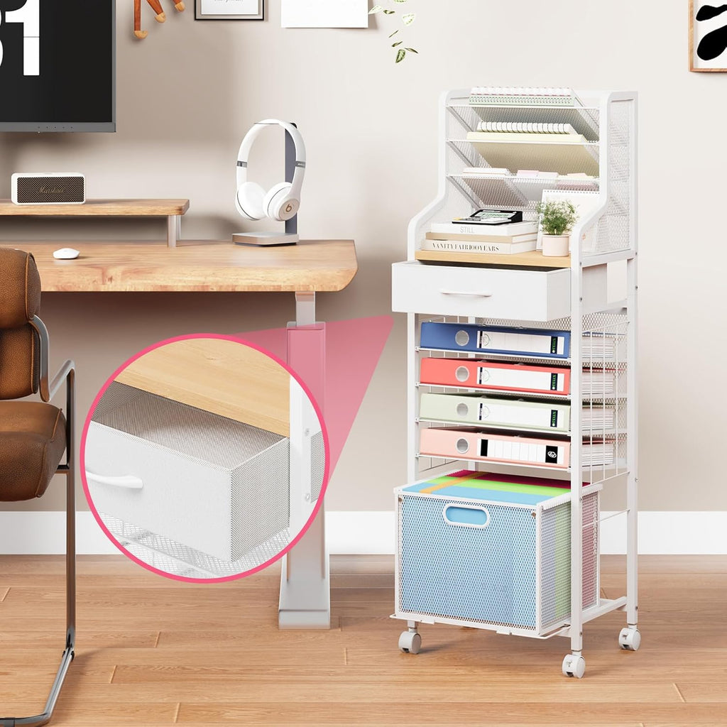 SWTYMIKI 10-Tier Rolling File Cart - Mesh Paper Organizer with Drawer and Hanging File Folders on Lockable Wheels, Rolling File Cabinet for Office Organization, Storage in Home, Studio, School, White
