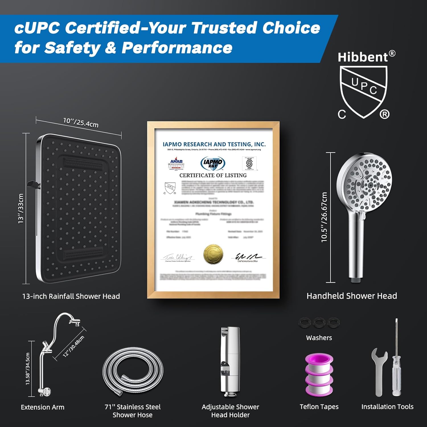 Hibbent cUPC Certified 13'' Shower Head Combo, High Pressure 5 Spray Rainfall Showerhead, 10 Spray Mode Handheld, All Metal Easy Reach 4-way Diverter Arm with Pause Mode, 71'' Hose and Holder, Chrome