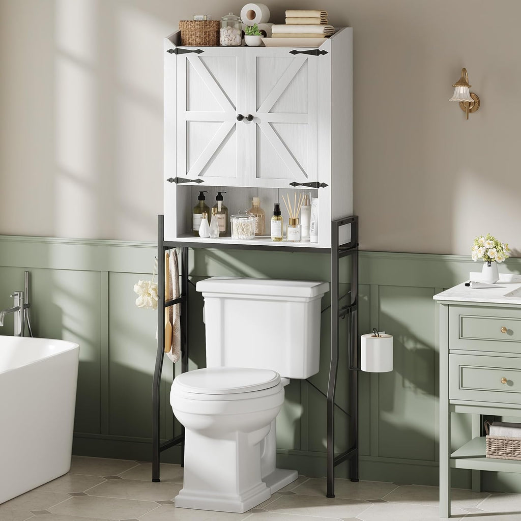 Memobarco Over The Toilet Storage Cabinet, Over Toilet Organizer with 2-Door & Metal Stand, Bathroom Organizers and Storage with Adjustable Shelves for Bathroom, Restroom, Laundry, White