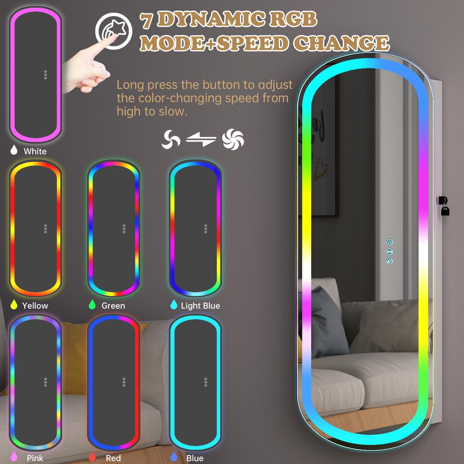 LED Jewelry Cabinet Wall/Door Mounted,RGB Lighted Mirror Jewelry Armoire Organizer Over the Door Full-Length Lockable Rounded Wide Mirror with Storage Interior Mirror Gift for Her Chrismas White