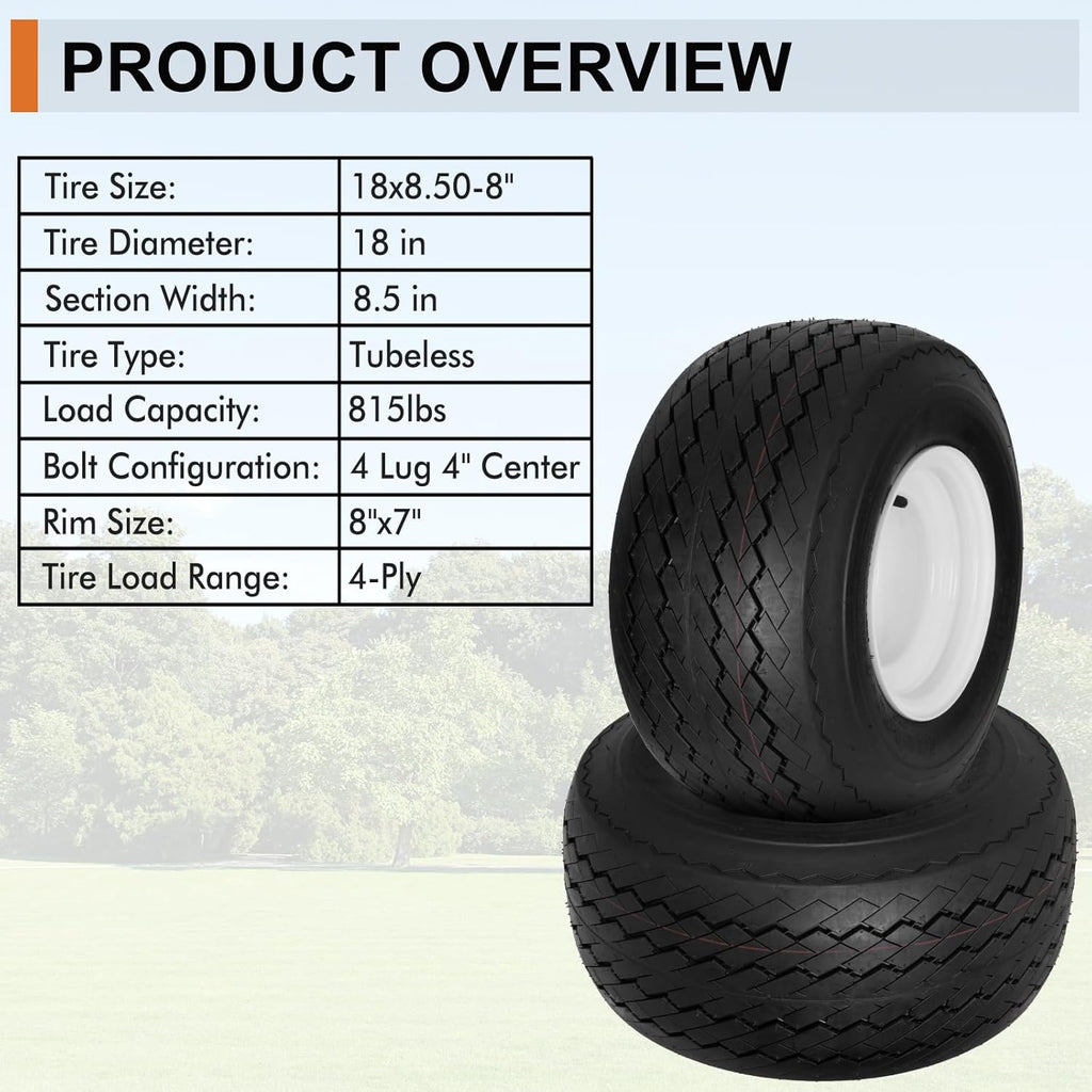 4 Pack 18x8.50-8 Golf Cart Tires with Wheel Assembly, 4-Lug 4" Center Hub, Compatible with Club Car, Cushman, E-Z-GO Golf Carts