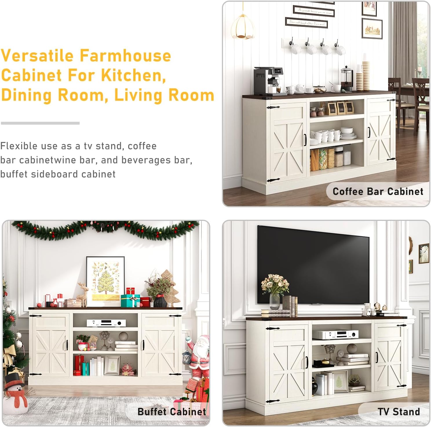 Hlivelood 66" Farmhouse TV Stand with Power Outlets for 75 Inch TVs, 33" Tall Entertainment Center with Storage Cabinets w/Adjustable Shelves, Rustic Large TV Media Console, Rustic White