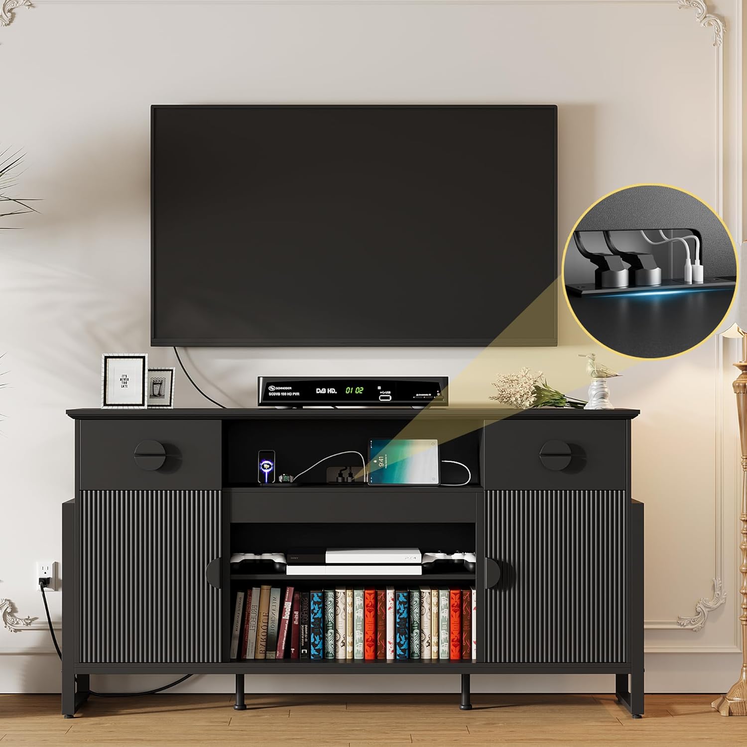 70 inch Modern Fluted TV Stand for TVs up to 80", Multifunctional Entertainment Center with Open Shelf, Built-in Power Outlets & 2 Large Drawers, Doors Storage Cabinet for Living Room, Black