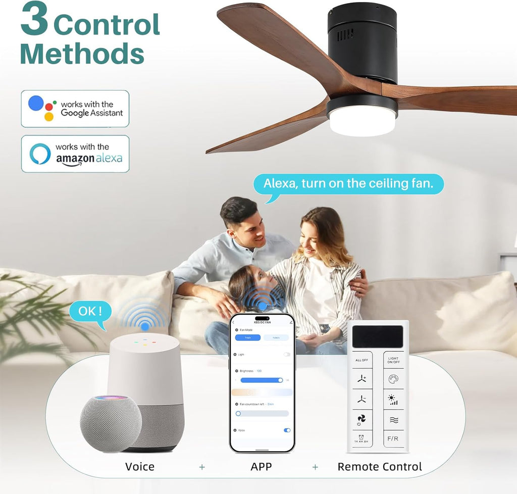 Sofucor 52 Inch Smart Ceiling Fans with Lights-Flush Mount Low Profile Modern Outdoor Solid Wood Ceiling Fans with Alexa/Google Assistant/APP/Remote Control for Bedroom/Farmhouse/Patio, Brown Black