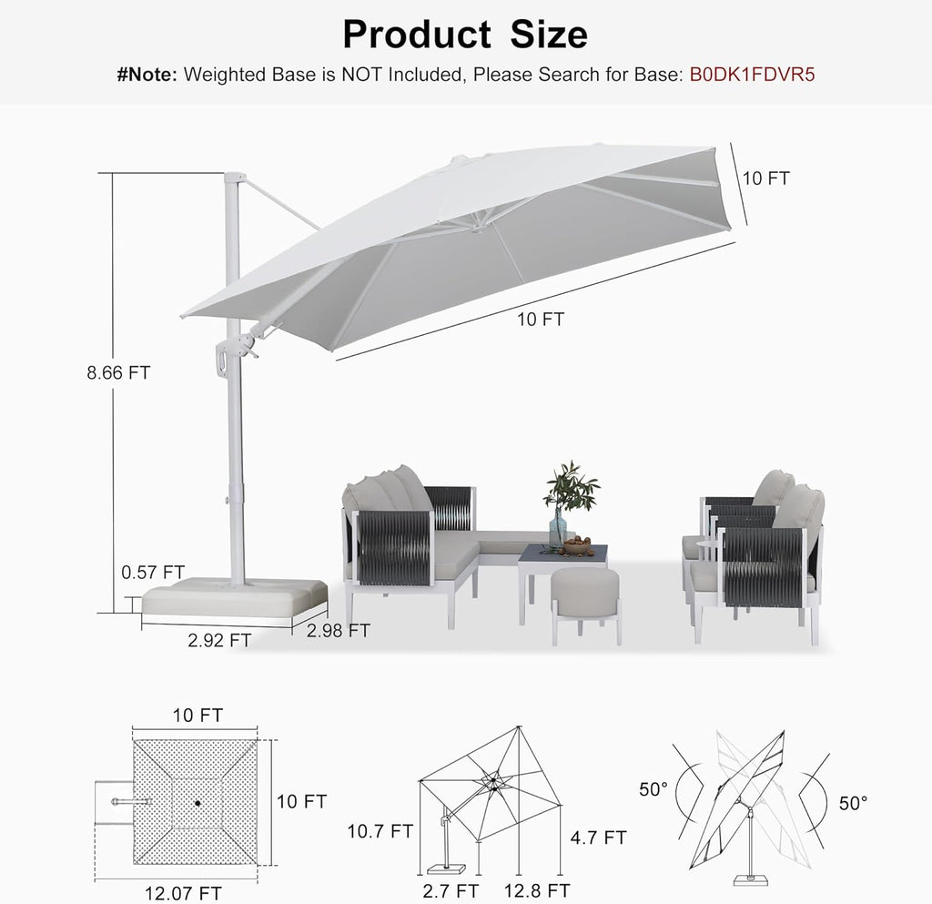 PURPLE LEAF 10 FT Right-left Tilt Patio Umbrella Swivel White Cantilever Umbrella with Tilt Aluminum Outdoor Umbrella with 360° Rotation for Deck Pool Garden, White