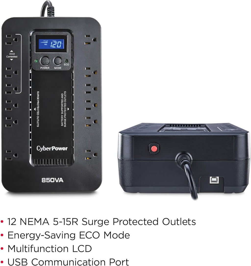 CyberPower EC850LCD Ecologic UPS Battery Backup and Surge Protector, 850VA/510W, 12 Outlets, ECO Mode, Compact, UL Certified