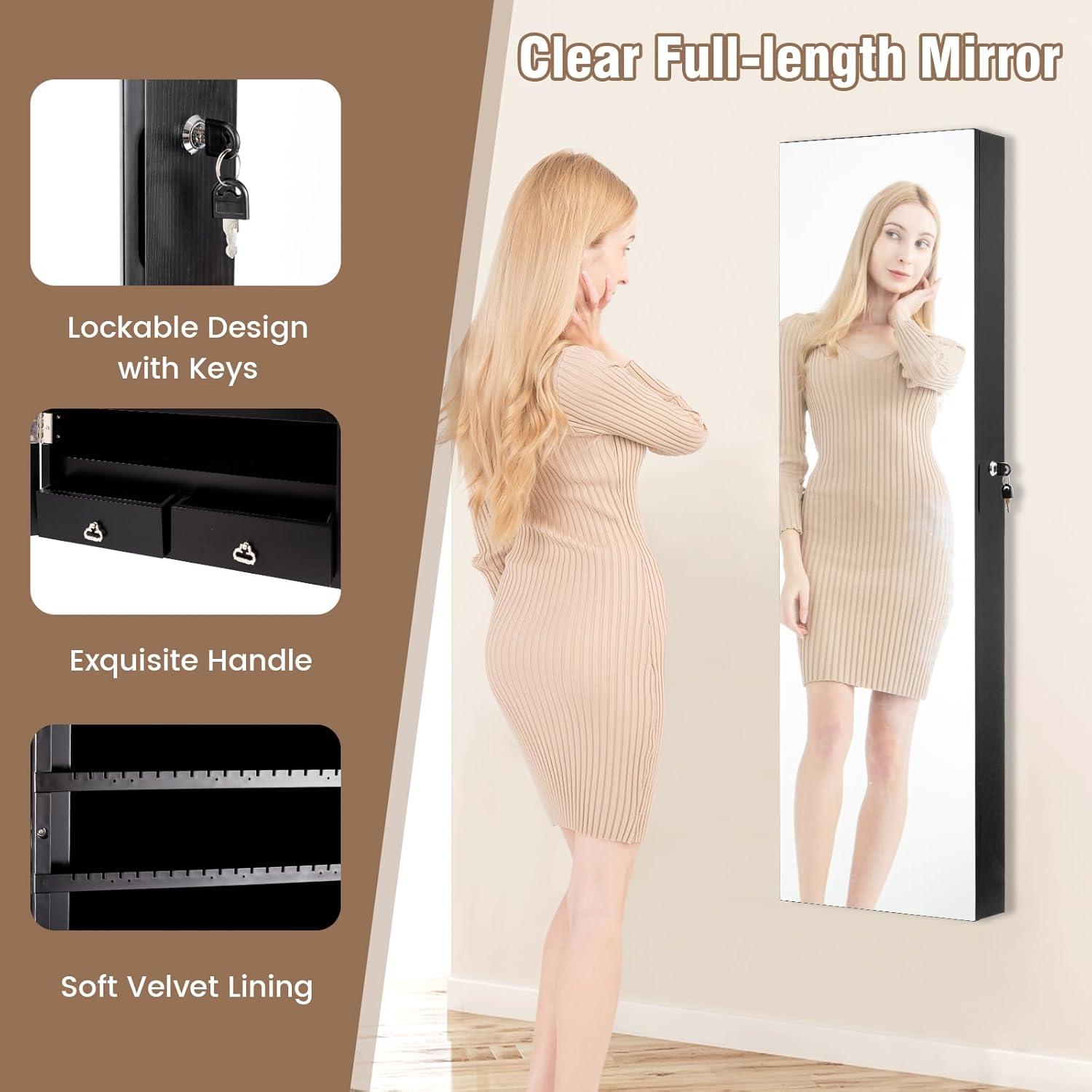 LOKO Mirrored Jewelry Armoire, Wall/Door Mounted Jewelry Cabinet with Full-Length Mirror, Lockable Jewelry Storage Organizer with 2 Drawers & 2 LED Lights, for Girls Women Gift Bedroom (Black)