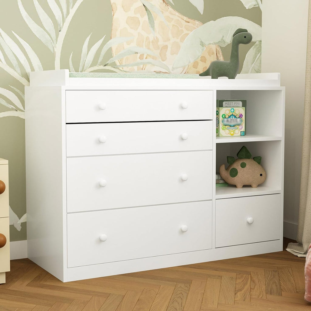 Timechee Changing Table Dresser, Baby Classic Nursery Dresser with 5 Drawers and 2 Shelves, Multi-Functional Baby Changing Table, Diaper Changing Station for Children's Room, White