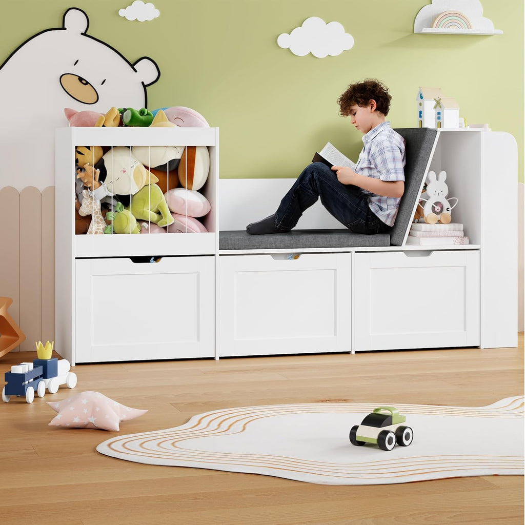 66.9" Kids Reading Nook, Toy Storage Organizer with Stuffed Animal Storage, Bench and Removable Cushions, Wooden Toddler Bookshelf with 3 Movable Drawers for Nursery, Playroom (White)