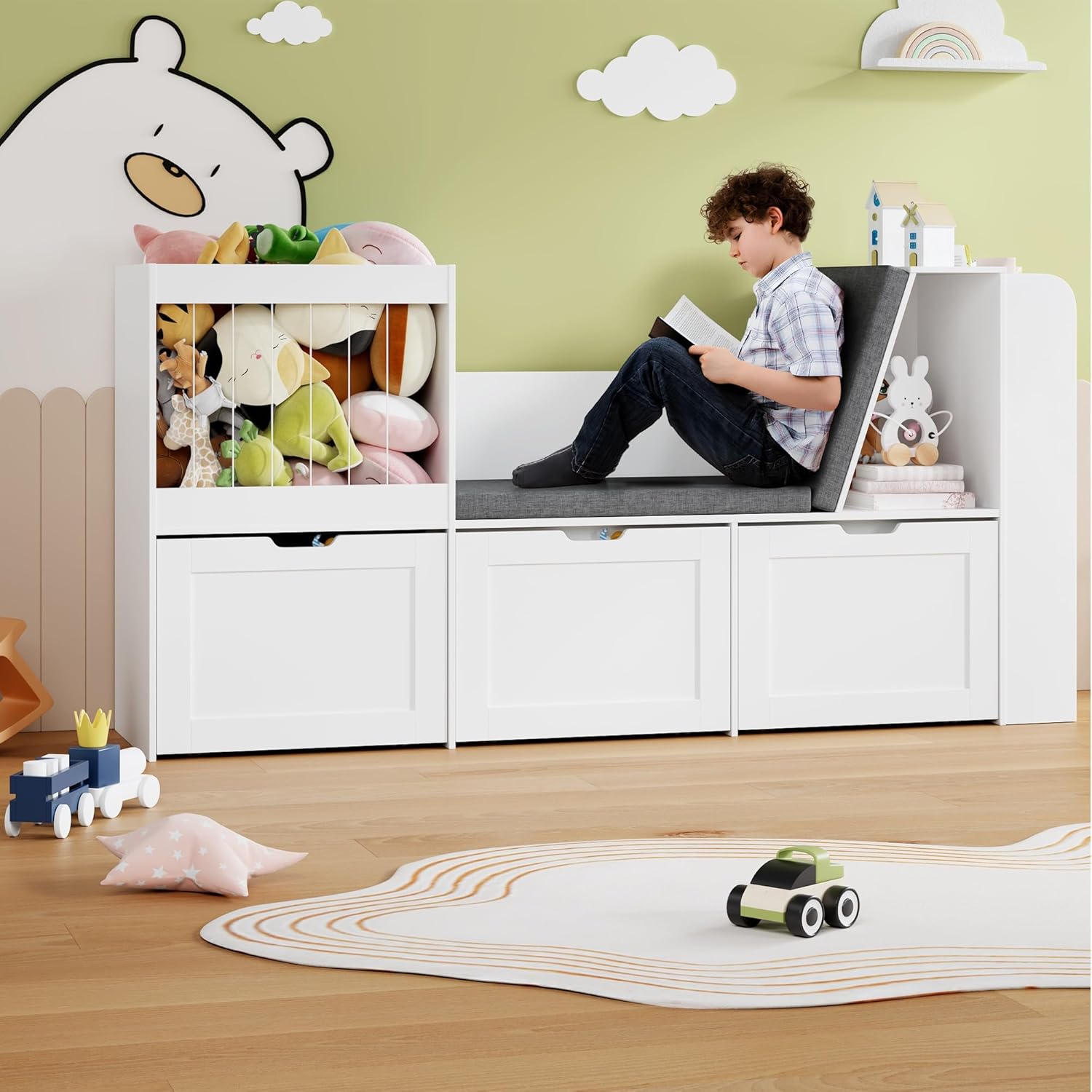 66.9" Kids Reading Nook, Toy Storage Organizer with Stuffed Animal Storage, Bench and Removable Cushions, Wooden Toddler Bookshelf with 3 Movable Drawers for Nursery, Playroom (White)