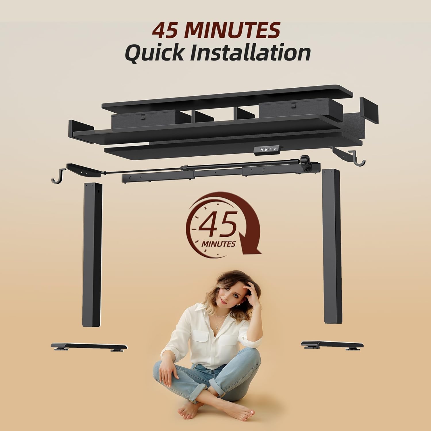 TIQLAB Standing Desk with Two Drawers, Stand Up Standing Desk Adjustable Height, Electric Sit Stand Table with Storage Shelf and Splice Board, 48 * 24 inch, Black