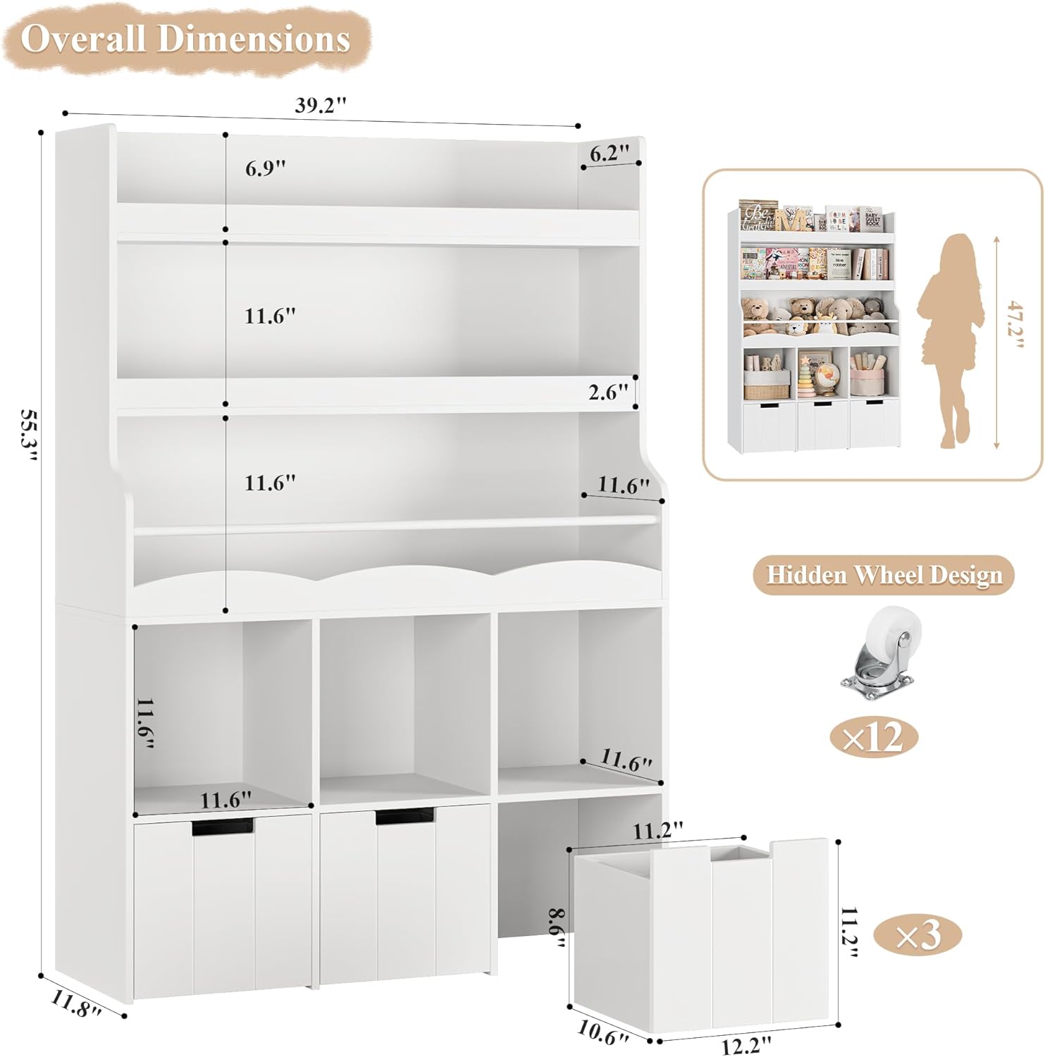 HITHOS 55.3" H Kids Bookshelf with Toy Storage Organizer, Tall Book Shelf with 3 Movable Toy Storage Bins, Large Kids Bookcase with Toy Chest, 39.2" W Modern Toy Box for Kid Room, Playroom, White