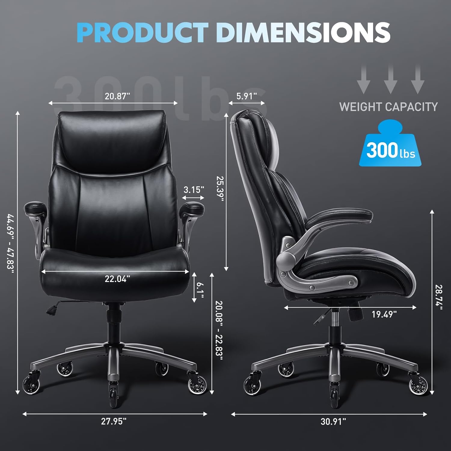 Ergonomic PU Leather Executive Office Chairs, High-Back Home Computer Chair with Lumbar Support, Flip-Up Arms, Black