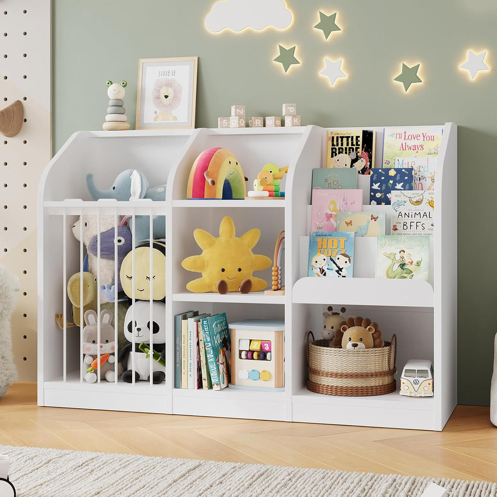 ONBRILL Toy Storage Organizer with Bookshelf & Stuffed Animal Storage, Kids Montessori Low Cabinet with 4 Open Cubbies for Kids Room Playroom Nursery Bedroom Living Room (White)