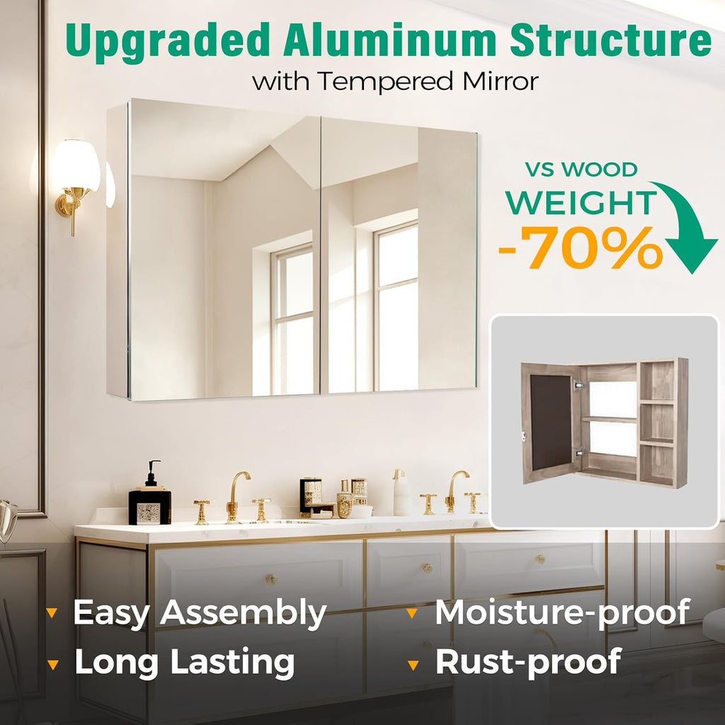 20 x 26 in Medicine Cabinet Mirror,Bathroom Mirror Cabinet with Adjustable Shelves,Aluminum Silver Medicine Cabinets for Bathroom,Recessed or Wall Mounted Medicine Cabinets（Assembly Required