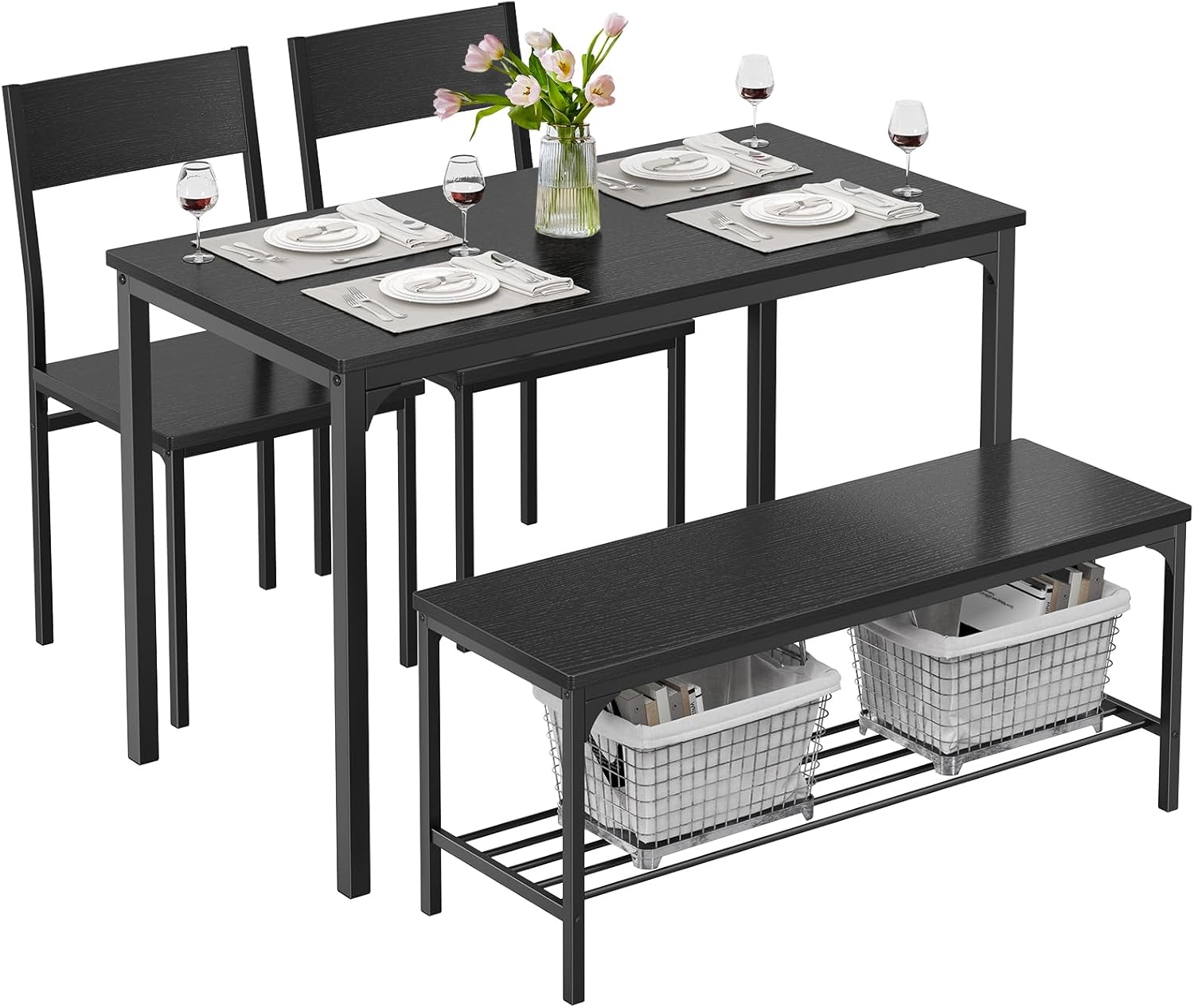 DUMOS Dining Table Set, Dining Table for 4 with Bench, Kitchen Table, Space-Saving Ideal 4-Person Set for Dining Room Kitchen Apartment Corner Black 4 Pack