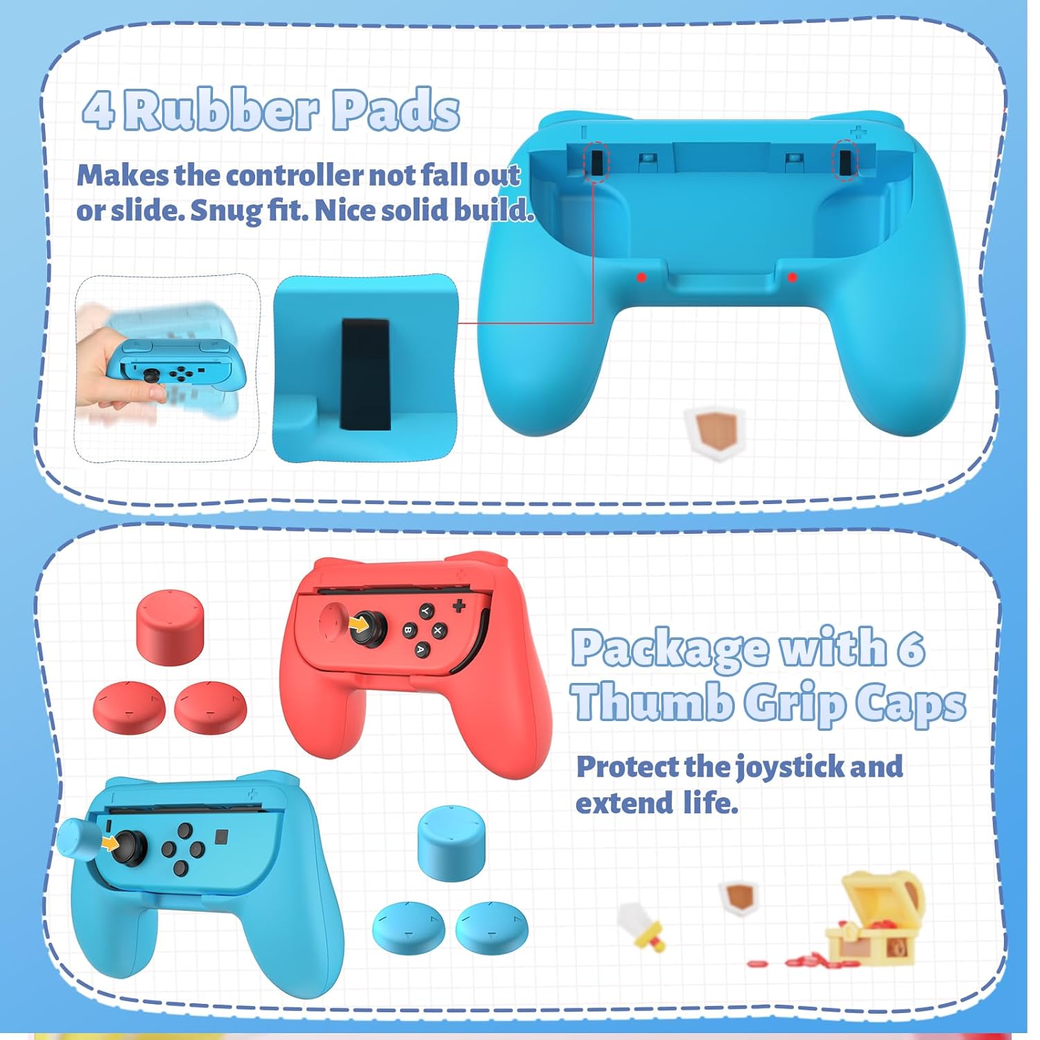 FASTSNAIL Grips Compatible with Nintendo Switch for Joy Con & OLED Model for Joycon, Wear-Resistant Handle Kit and Non-Slip Thumb Grips for Switch Joycon 1 for 3DS & 2DS Accessory Kits (Blue and Red)