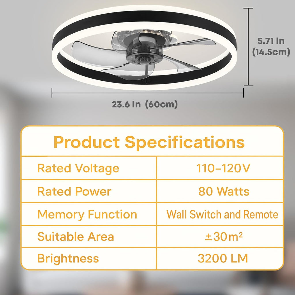 Fszdorj 23.6'' Ceiling Fan with Light, Upgraded Low Profile Fan, Flush Mount Ceiling Fan, 6 Speeds, Dimmable LED, App & Remote Control, Quiet DC Motor, for Bedroom, Living Room, F105 Black