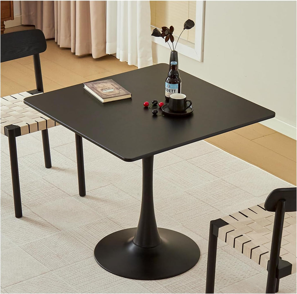 Square Dining Table, 31.5" Tulip Table with Thickened Tabletop & Metal Pedestal, Mid Century Modern Bistro Table for Kitchen, Small Places, Living Room, Cafe (Black)
