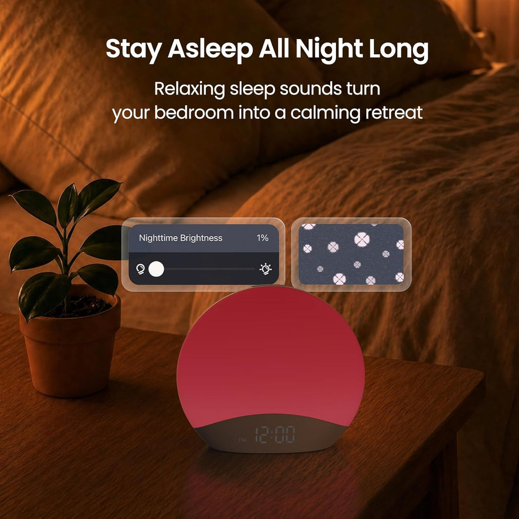 REACHER R7APP Smart Sunrise Alarm Clock with App Control, Custom Wake & Sleep Routines - Multi Sunrise Color, White Noise Sound Machine, Dimmable Display | Night Light, Screen-Free Sleep
